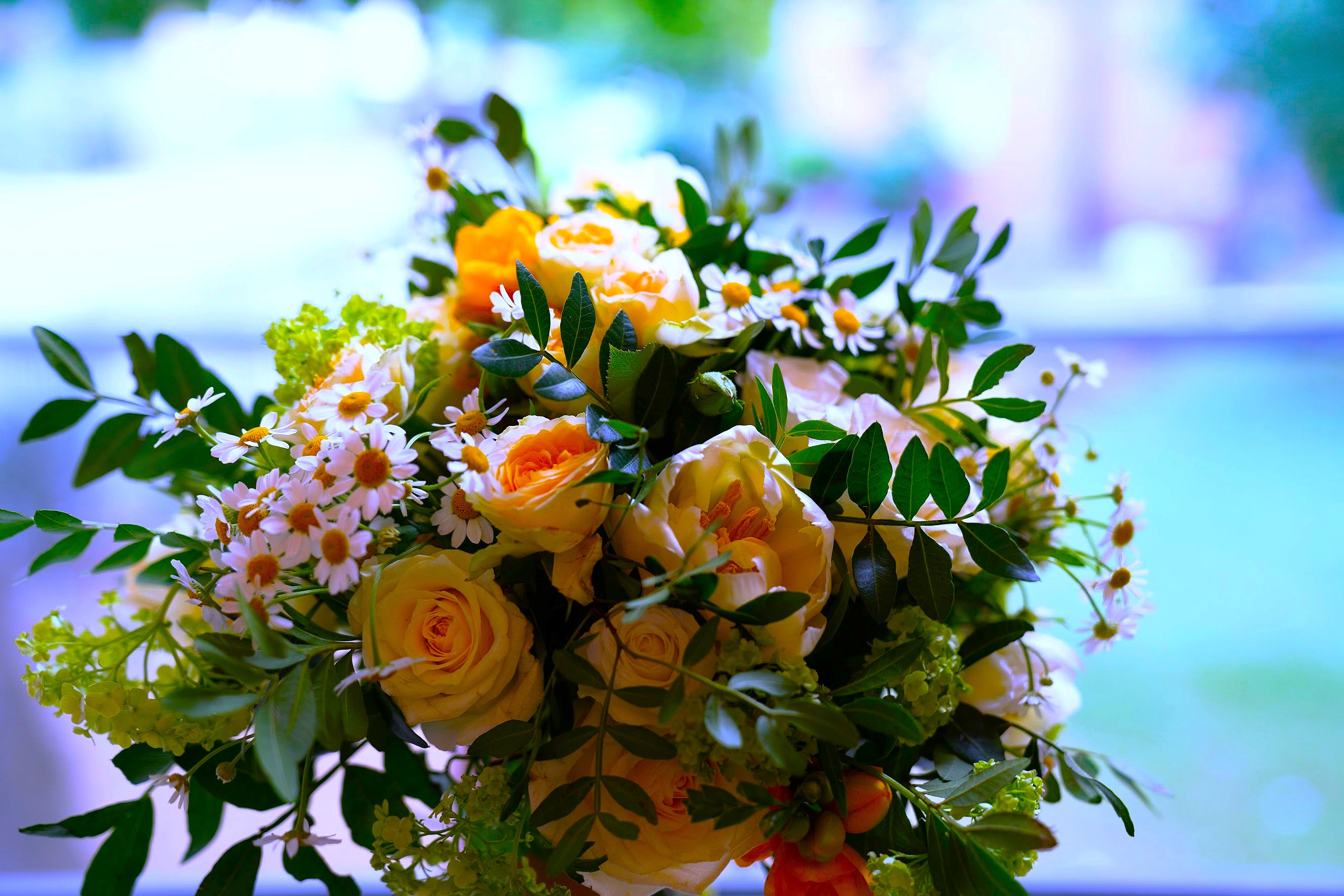 Yellow and white hand-tied bouquet