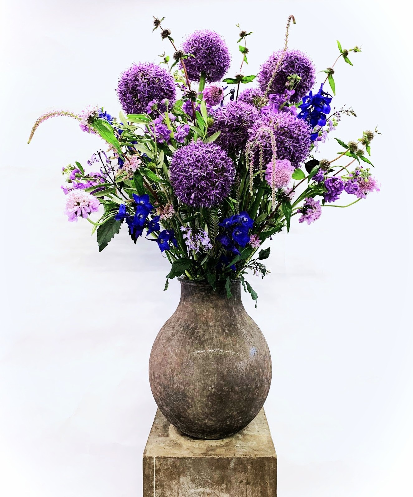 Purple allium in a stone vessel